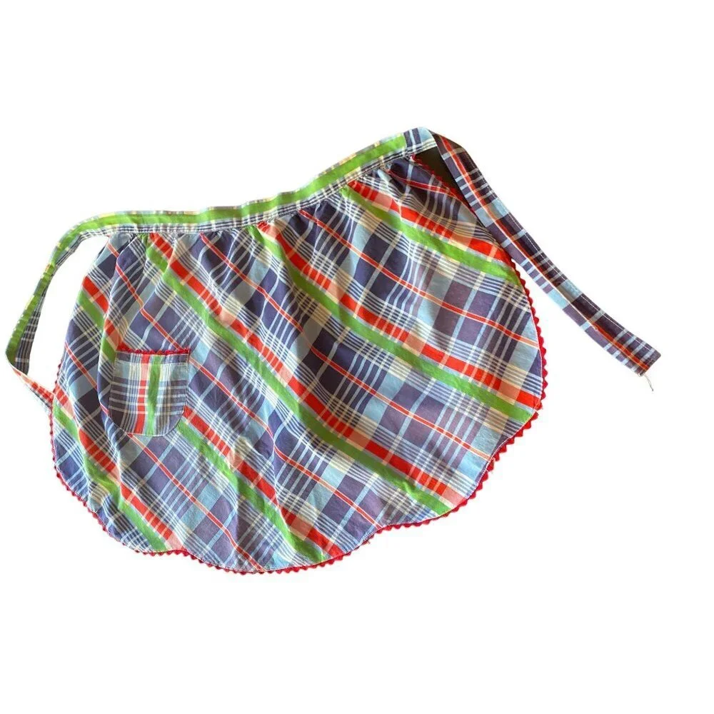 Handmade Mini Blue Green Plaid Half Apron Pockets